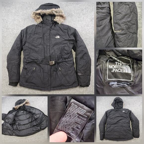 The North Face Jacket Womens XL Black HyVent Goose Down Belted Faux Fur Hooded - Picture 1 of 15